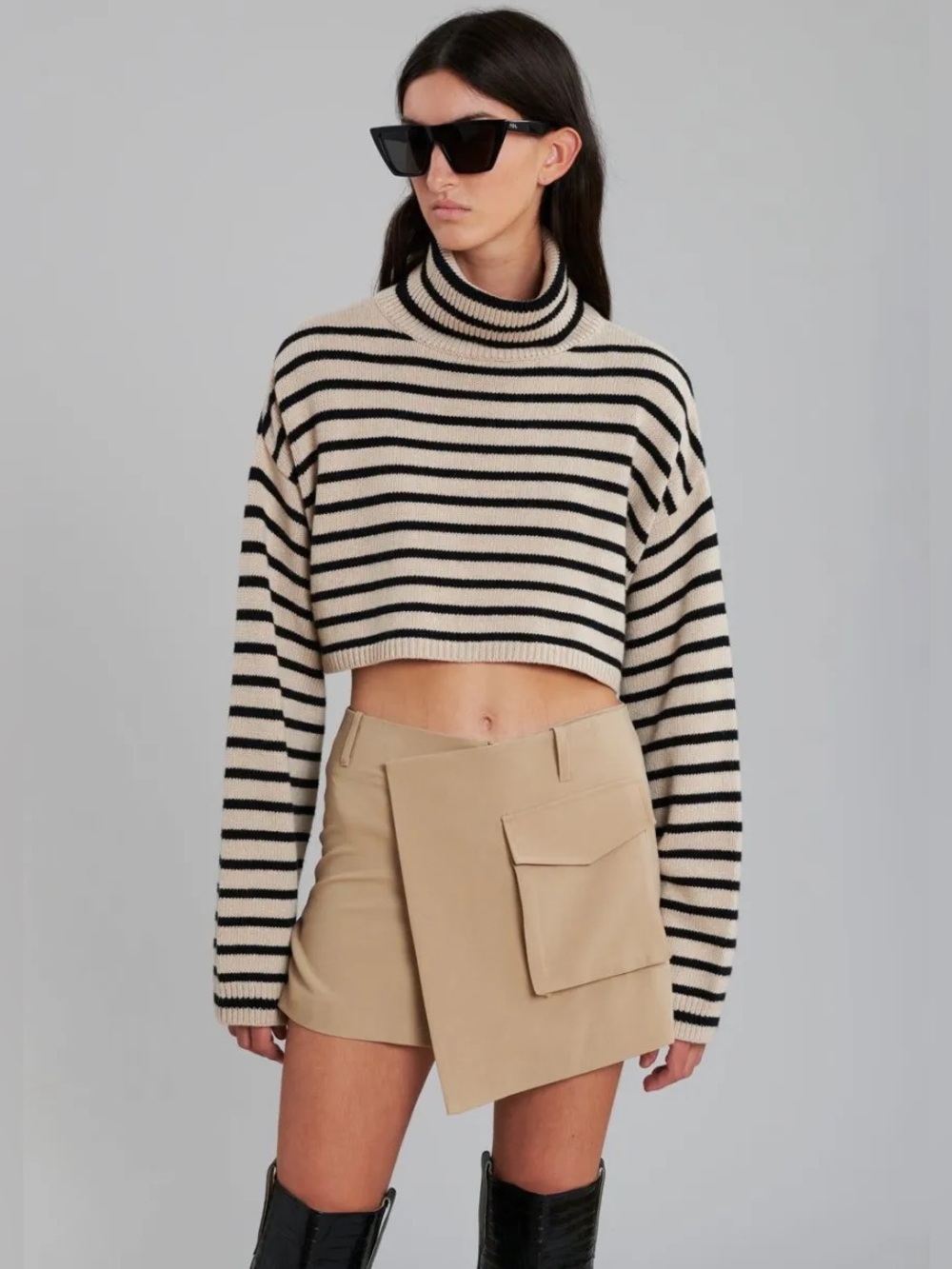 Frankie Shop Athina Striped Cropped Turtleneck Sweater - Beige/Black
